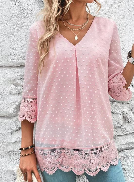 Damen nan feminine Chiffon-Tunika mit Pünktchenrelief, V-Ausschnitt und Häkelspitzenbesatz Drune