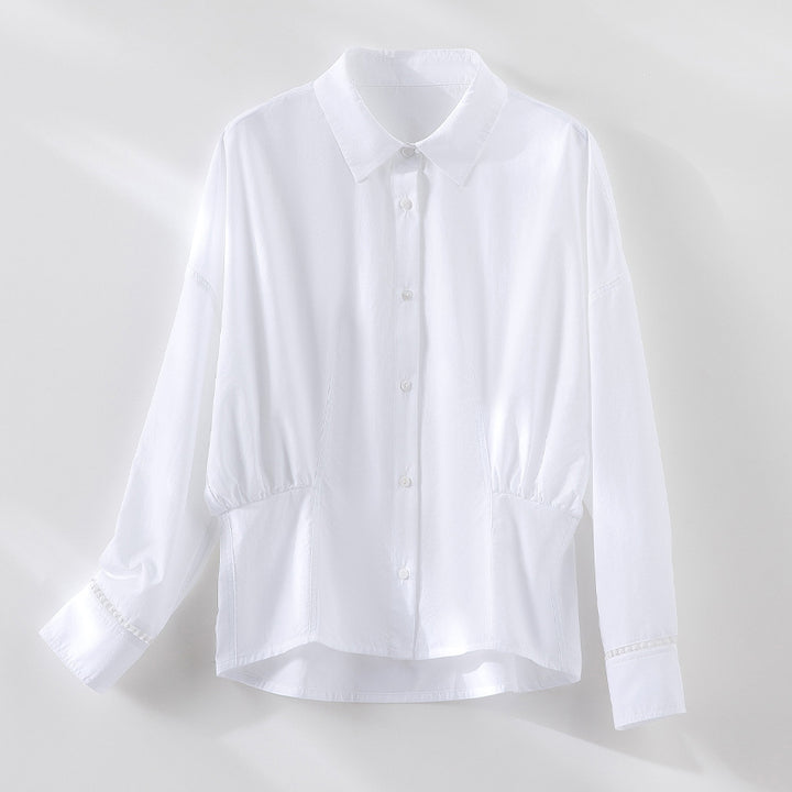 Damen Locker geschnittene Baumwollbluse mit Raffdetails und Hemdblusenkragen Drune