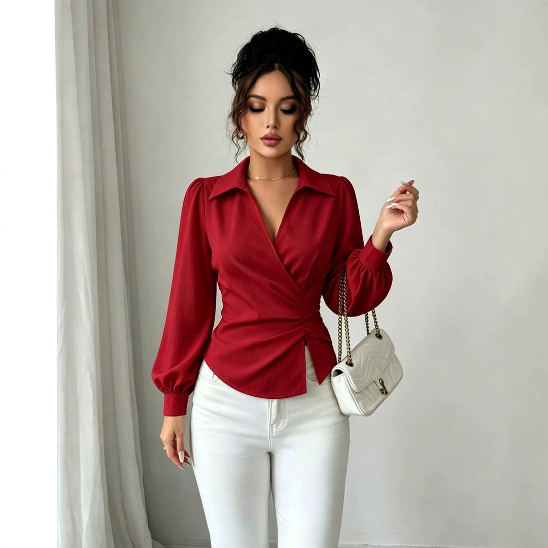 Damen Wickelbluse mit Taillenraffung, Hemdkragen und Ballonärmeln Drune