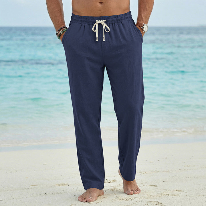 Herren Leinenoptik Relaxhose mit elastischem Bund, Tunnelzug und Seitentaschen Drune