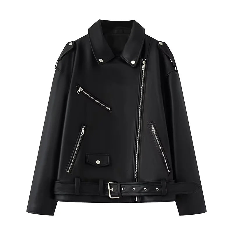 Damen nan asymmetrische Bikerjacke aus veganem Lederimitat mit Schulterklappen, mehreren Reißverschlusstaschen und taillierbarem Gürtel Drune
