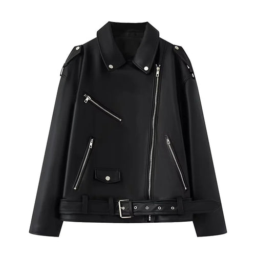 Damen nan asymmetrische Bikerjacke aus veganem Lederimitat mit Schulterklappen, mehreren Reißverschlusstaschen und taillierbarem Gürtel Drune