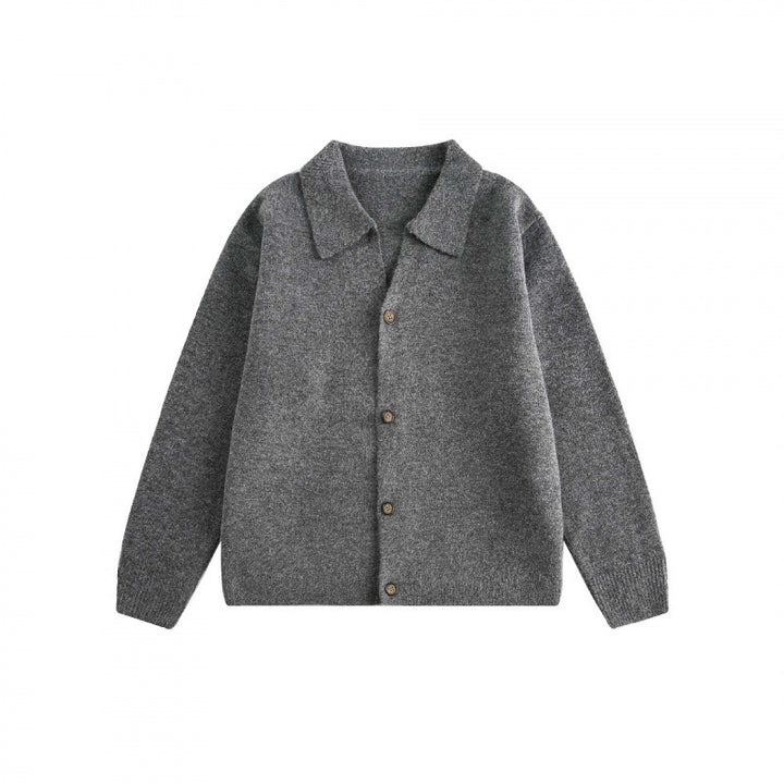 Unisex Boxy Strickcardigan mit Hemdkragen und durchgehender Knopfleiste Drune