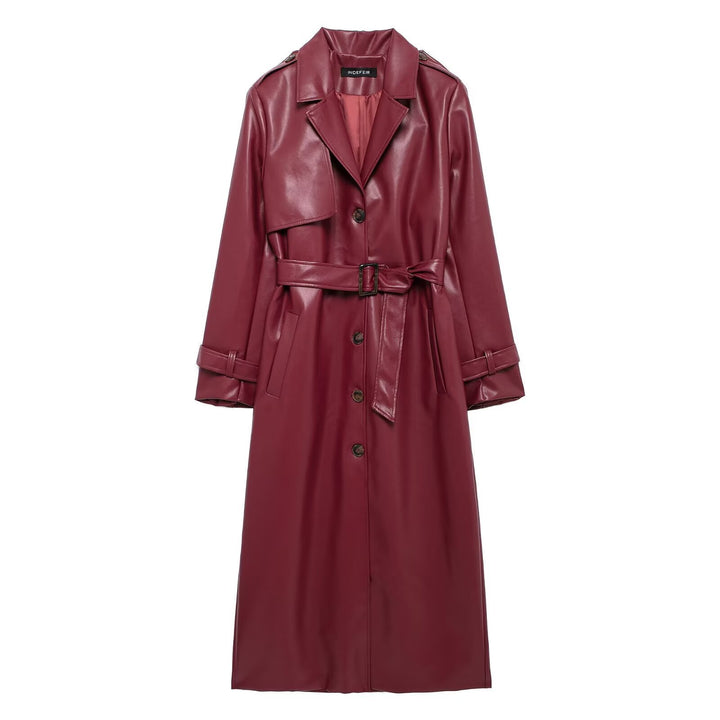 Damen Doppelreihiger Trenchcoat aus Kunstleder mit Gürtel Drune