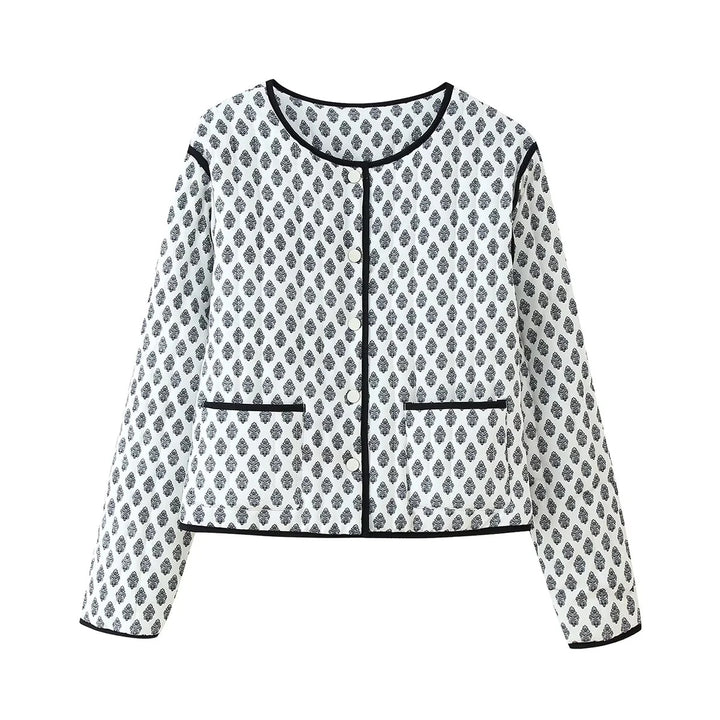 Damen nan gesteppte Kurzjacke mit Rundhalsausschnitt, Druckknöpfen und Kontrastpaspel Drune