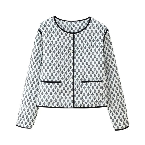 Damen nan gesteppte Kurzjacke mit Rundhalsausschnitt, Druckknöpfen und Kontrastpaspel Drune
