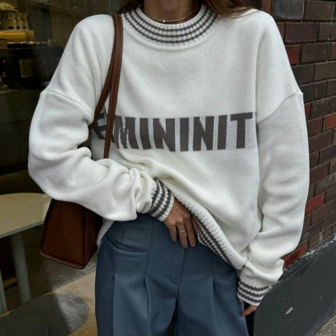 Damen lässiger Sweatpullover mit modischem Schriftzug und gestreiften Bündchen