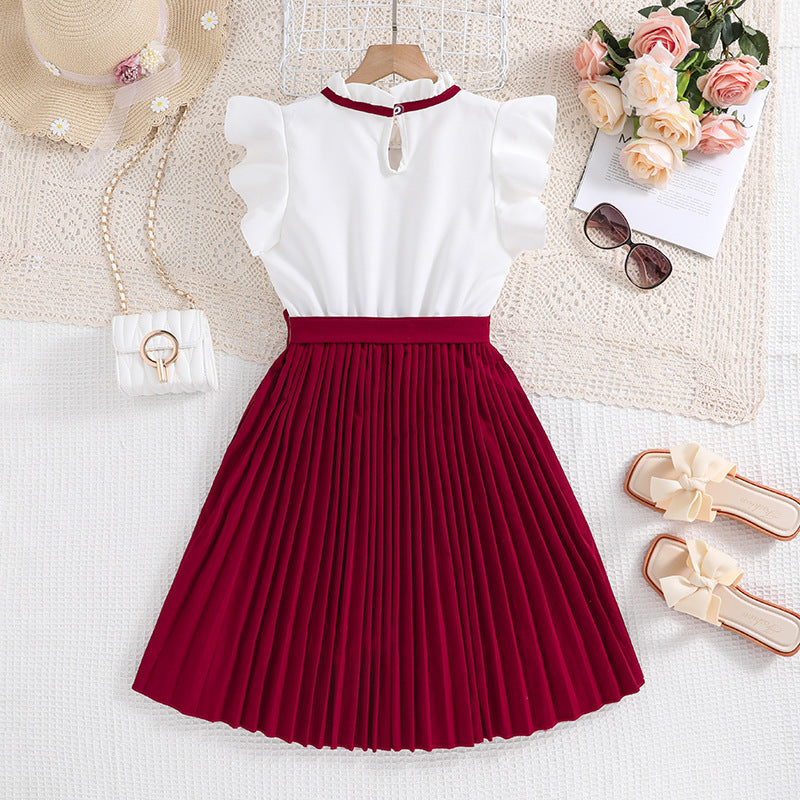 Mädchen Faltenrockkleid mit Puffärmeln und Taillenknoten Drune