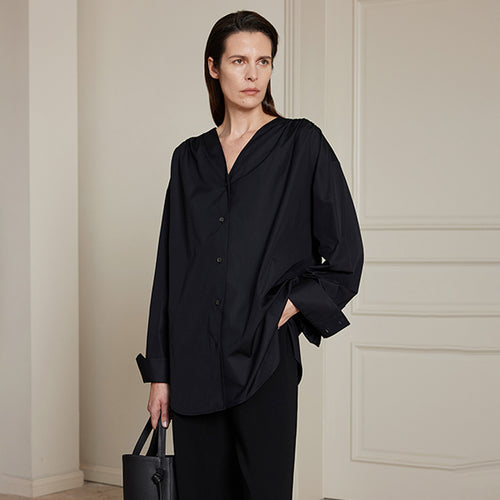 Damen modisches Oversize-Hemd mit raffiniertem V-Ausschnitt Drune