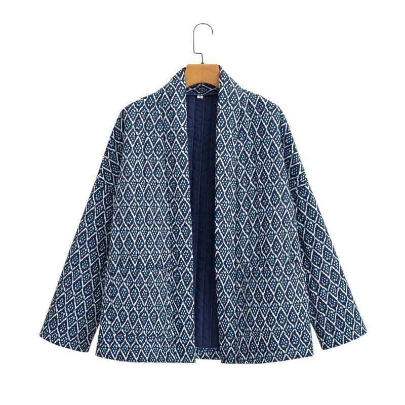 Damen Gemusterte gesteppte Kimono-Jacke mit aufgesetzten Taschen Drune