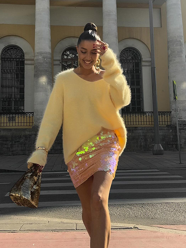 Damen Kuscheliger Oversize Mohairpullover mit V-Ausschnitt und verlängertem Rückensaum Drune