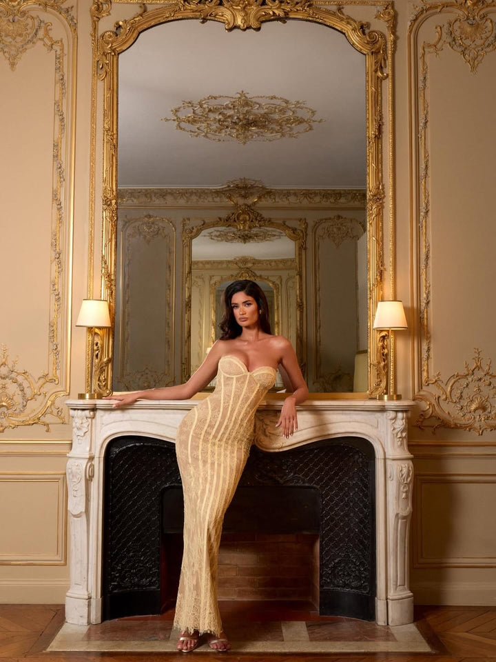 Damen figurbetontes Spitzenkleid mit schulterfreiem Design und elegantem Taillenschnitt Drune