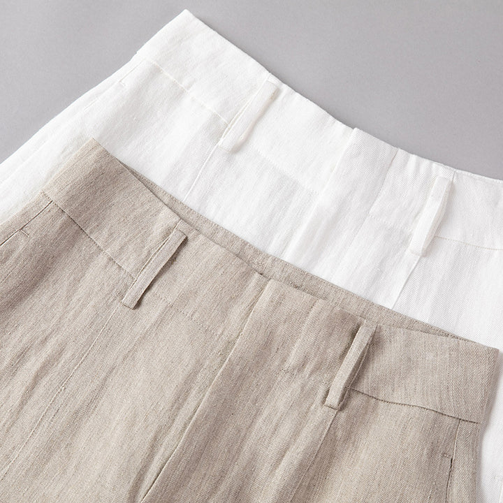 Damen Hochtaillierte Leinenhose mit weitem Bein, Bügelfalte und Gürtelschlaufen Drune