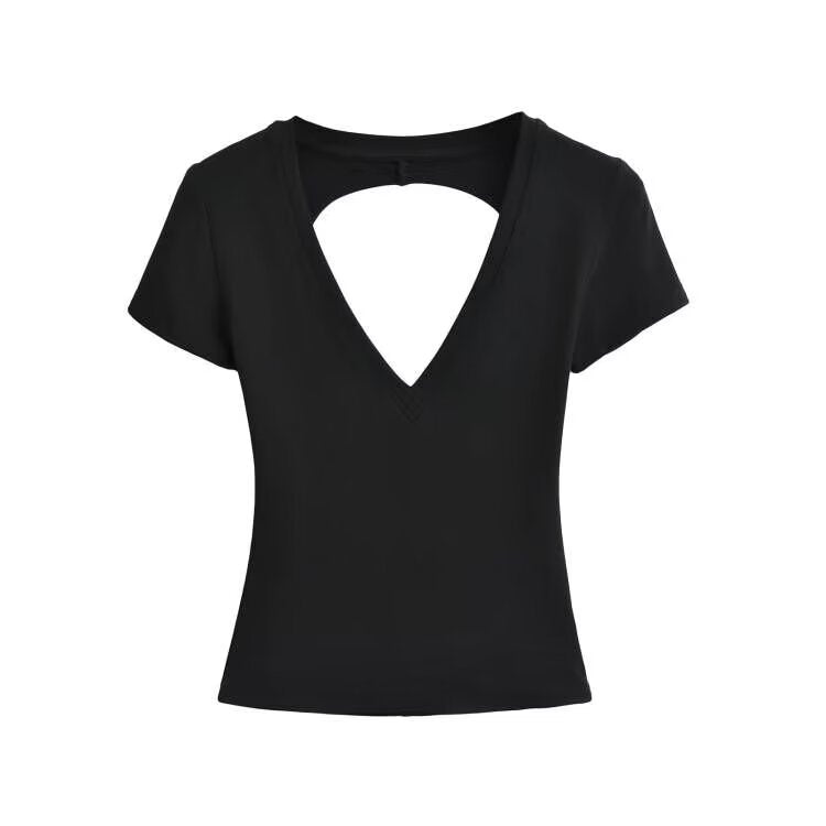 Damen modisches V-Ausschnitt T-Shirt mit offenem Rücken Drune