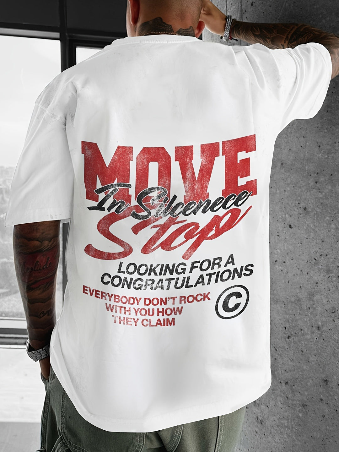 Herren Oversized T-Shirt mit großflächigem Vintage-Blumenprint und Rücken-Slogan Drune