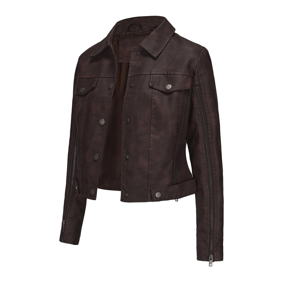 Damen nan kurze Cropped-Truckerjacke aus Wildlederoptik mit seitlichen Reißverschlüssen und aufgesetzten Brusttaschen Drune