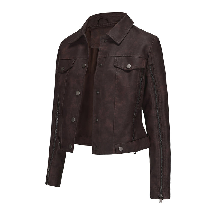 Damen nan kurze Cropped-Truckerjacke aus Wildlederoptik mit seitlichen Reißverschlüssen und aufgesetzten Brusttaschen Drune