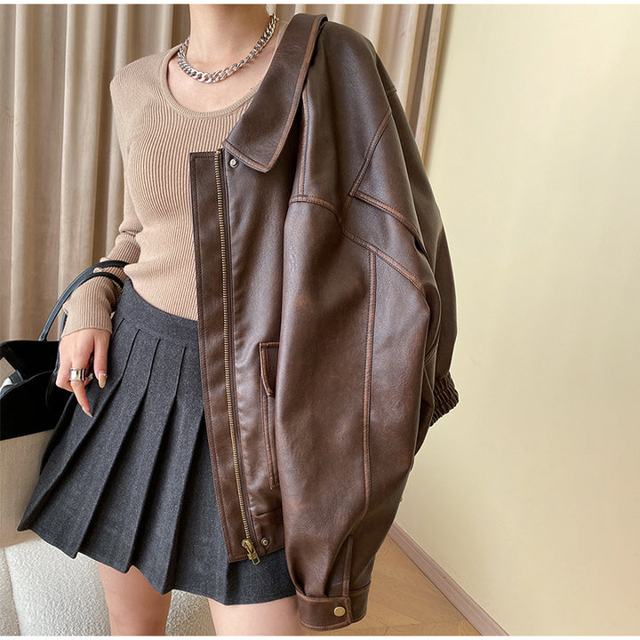 Damen Lässige Kunstlederjacke mit praktischen Taschen und elastischem Saum Drune