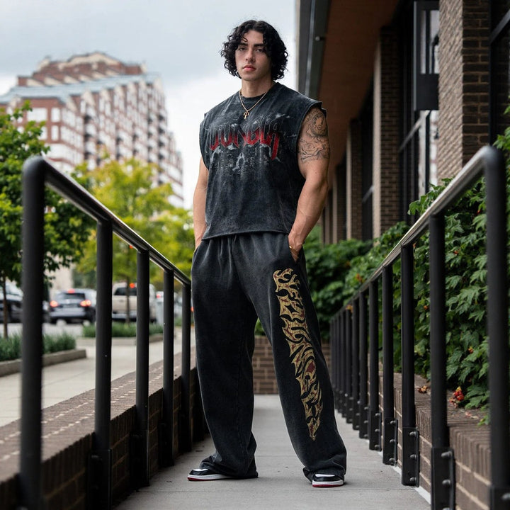 Herren nan weite Jogginghose mit elastischem Bund, Seitentaschen und detailreichem Schädel- und Rosenmotiv Drune