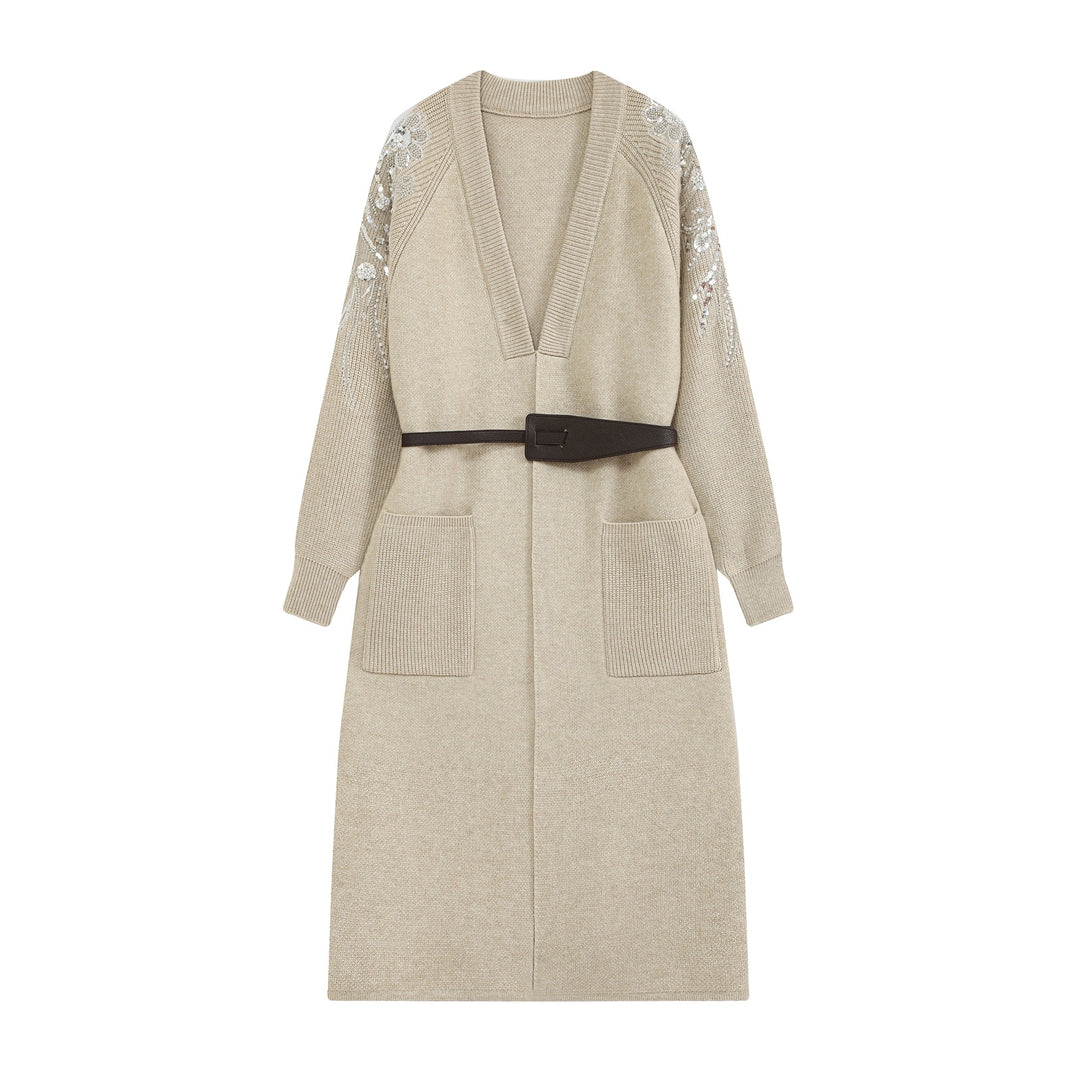 Damen Strick-Midikleid mit tiefem V-Ausschnitt, Taillengürtel und paillettenverzierten Ärmeln Drune