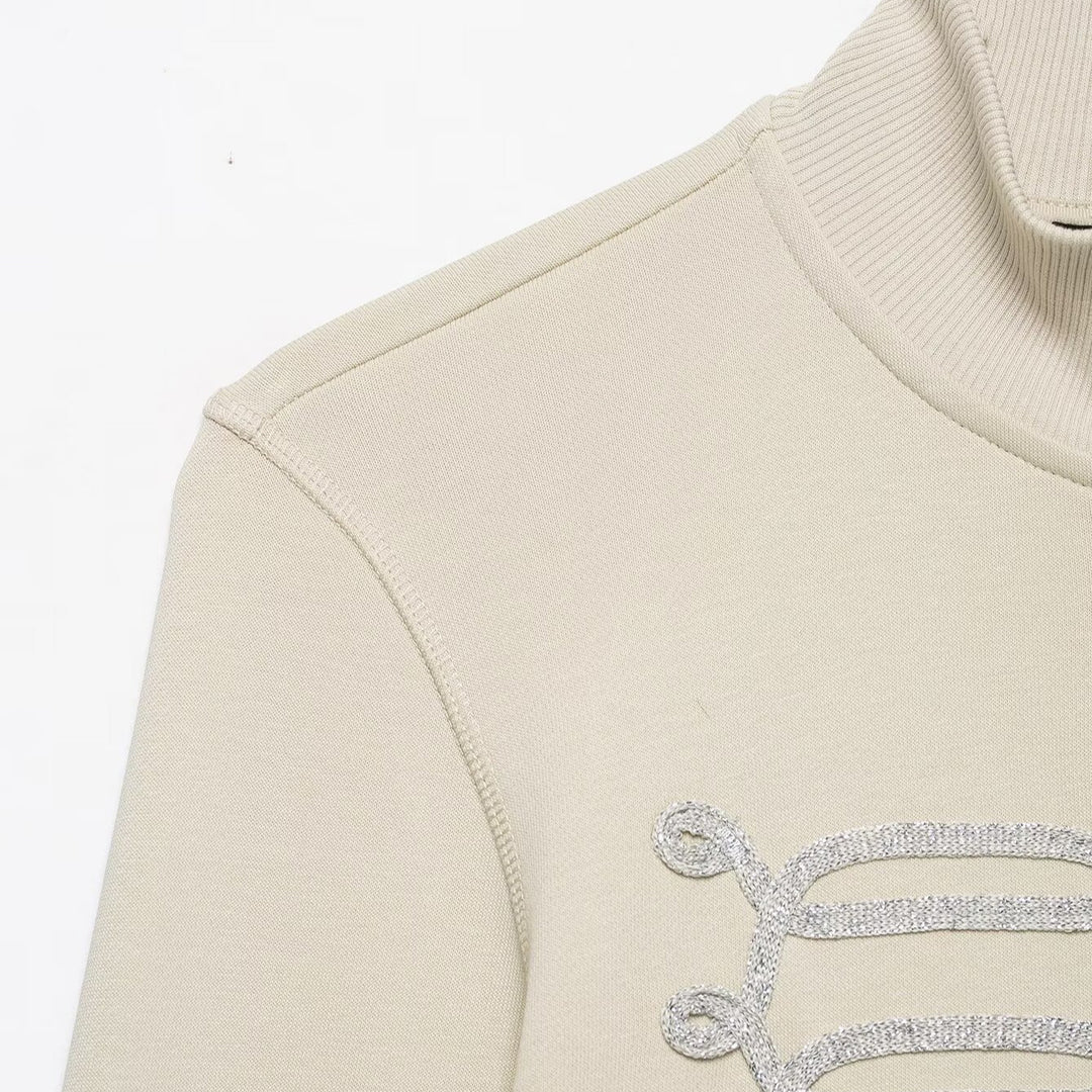 Damen Kurzgeschnittene Sweatjacke mit Stehkragen und militärisch inspirierten Zierkordeln Drune