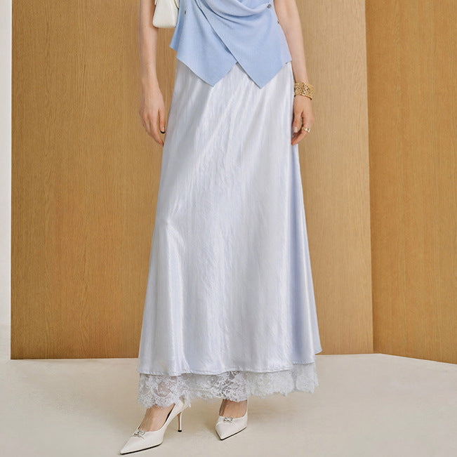 Damen nan ausgestellter Satin-Midirock mit feiner Spitzenunterlage und nahtlosem Taillenbund Drune