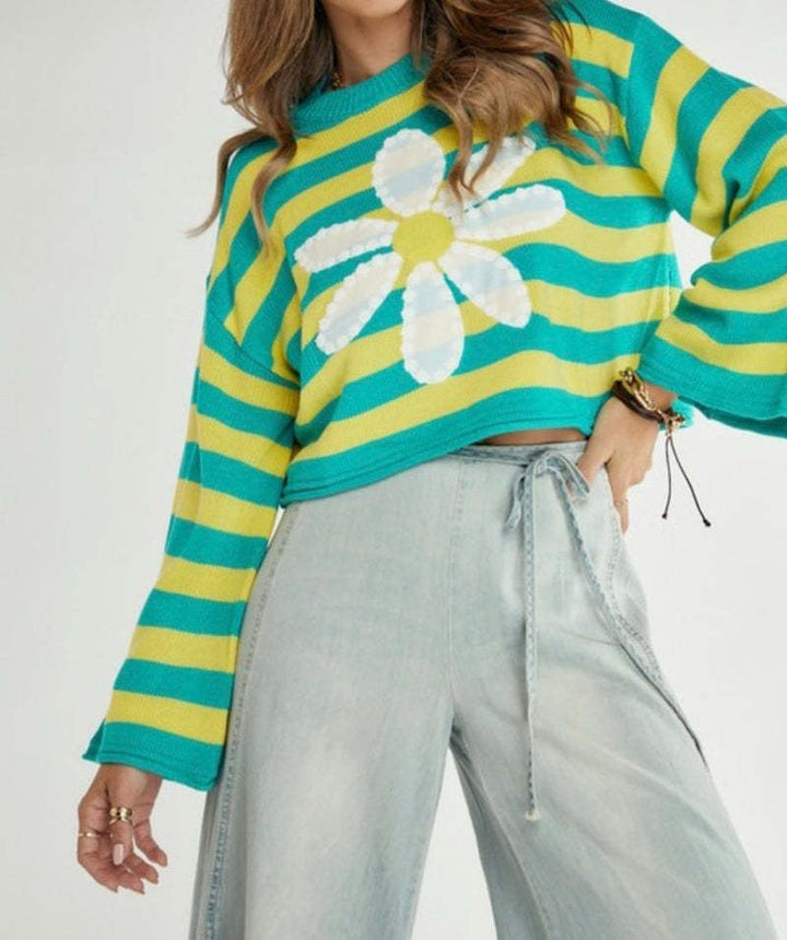Damen Modischer gestreifter Crop-Pullover mit Blumenmuster