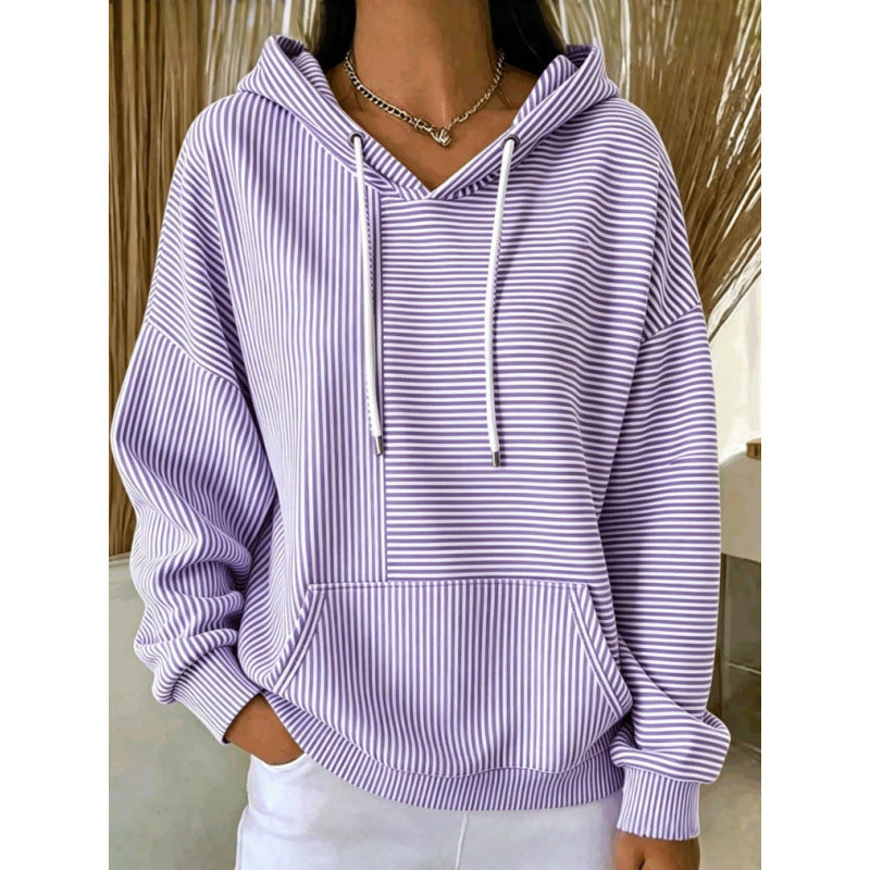Damen Oversize Kapuzenpullover mit feinem Streifenprint, Kängurutasche und V-Ausschnitt-Kapuze Drune