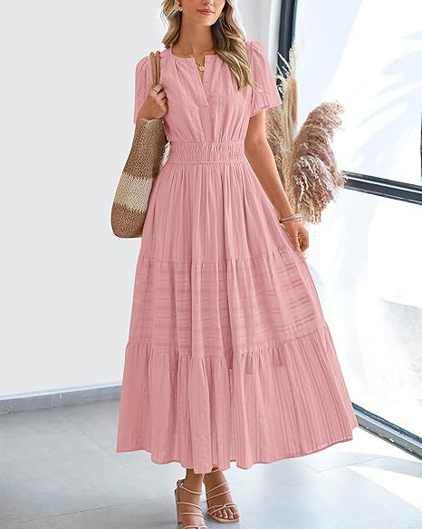 Damen langes Sommerkleid mit elastischem Taillenbund und raffiniertem Faltenwurf Drune
