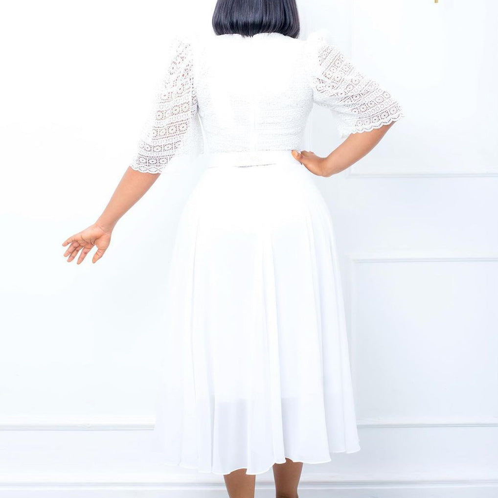 Damen Maxikleid mit dekorativem Spitzenoberteil und Taillengürtel Drune