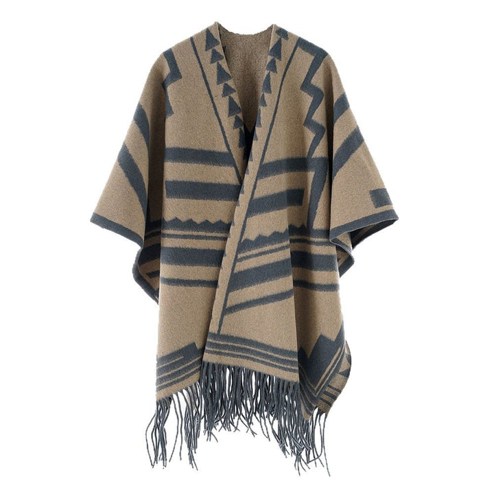 Damen Aztekisch inspirierter Wollmix-Überwurf mit asymmetrischem Fall und Fransensaum Drune