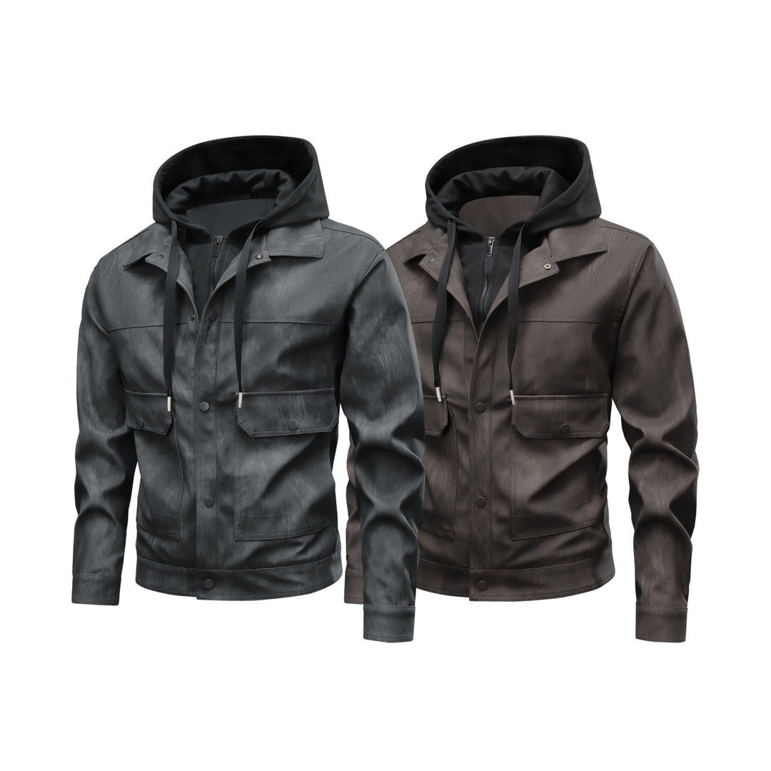 Herren Modische Kunstlederjacke mit Hoodie Drune