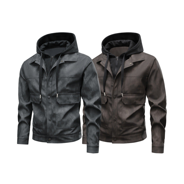 Herren Modische Kunstlederjacke mit Hoodie Drune