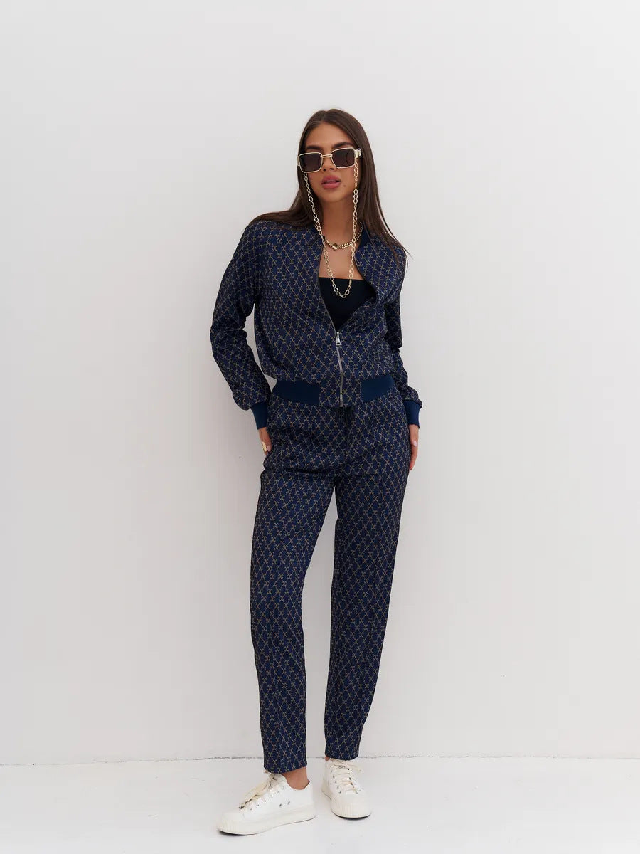 Damen leichtes Jacquard-Lounge-Set mit kurzer Bomberjacke und Highwaist-Tunnelzughose Drune