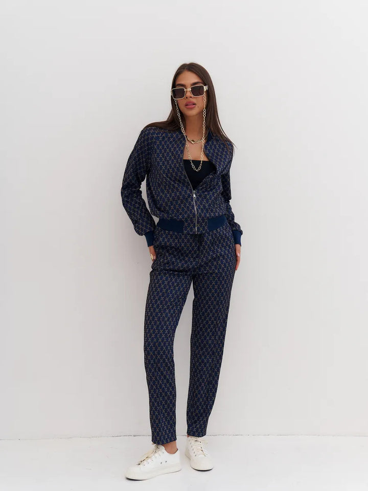Damen leichtes Jacquard-Lounge-Set mit kurzer Bomberjacke und Highwaist-Tunnelzughose Drune