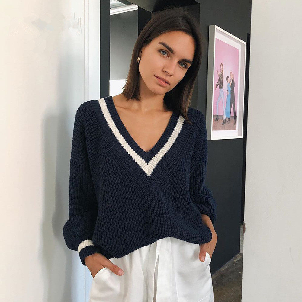 Damen V-Ausschnitt Pullover mit kontrastierenden Streifen Drune