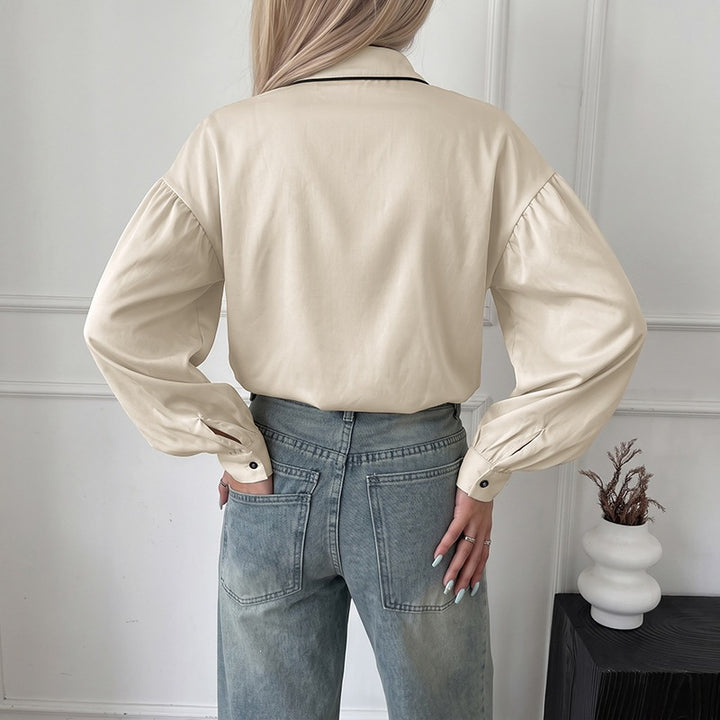 Damen Elegante Bluse mit Stehkragen und Puffärmeln Drune