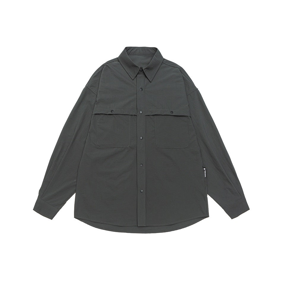 Unisex Weit geschnittene Hemdjacke im Utility‑Stil mit Druckknopfleiste Drune