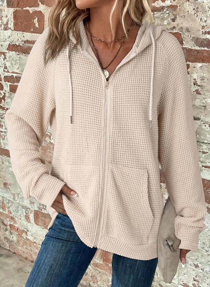 Damen Waffelstrick-Kapuzenjacke mit Reißverschluss, Kängurutaschen und entspannter Silhouette Drune