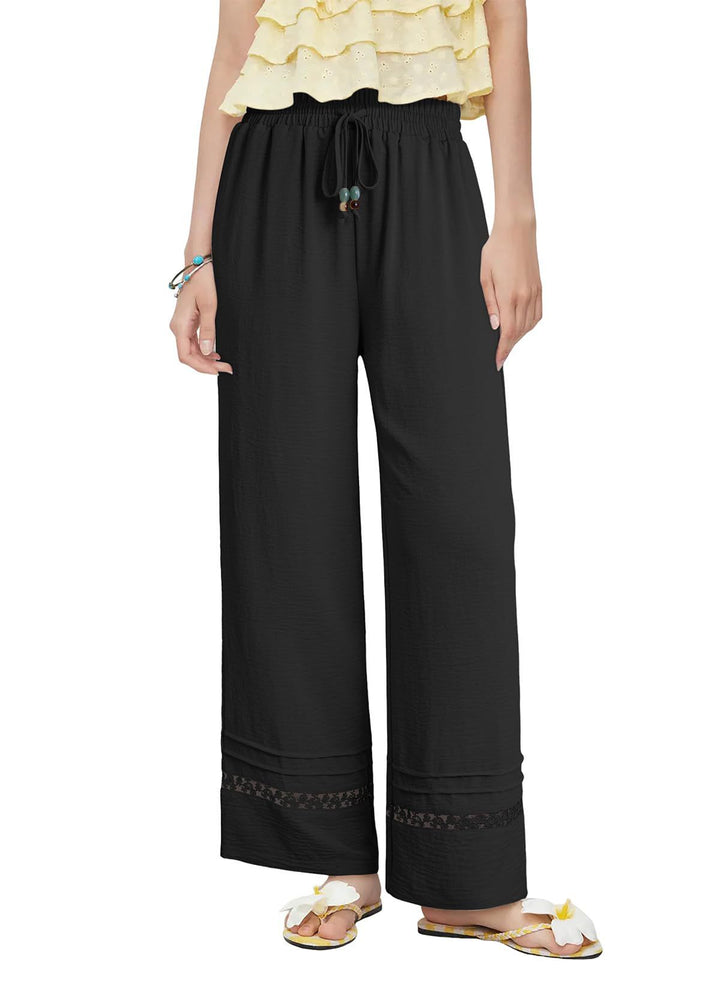 Damen Weite Leinenoptik-Hose mit hohem Gummibund, Bindekordel und Spitzeneinsatz Drune
