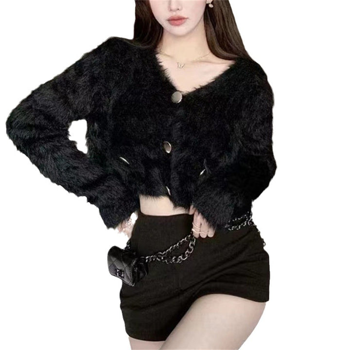 Damen Flauschige Strickjacke mit V-Ausschnitt und dekorativen Knöpfen Drune