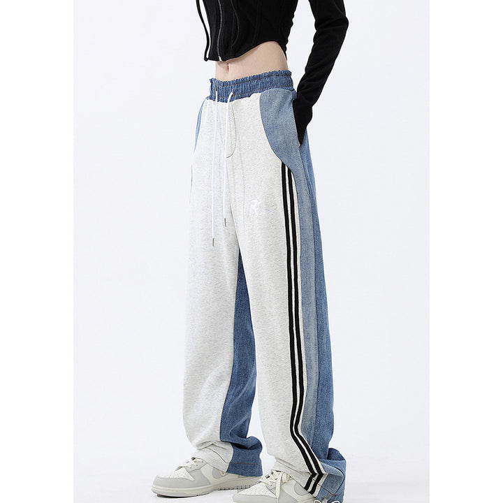 Damen nan weite Jogginghose mit hoher Taille und Jeansstoffeinsätzen sowie Seitenstreifen Drune