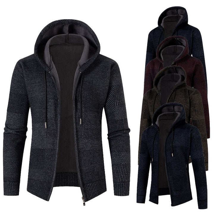 Herren Strukturierter Strick-Zip-Hoodie mit gefütterter Kapuze und grafischem Patchmuster Drune