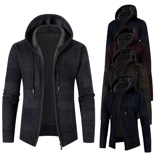 Herren Strukturierter Strick-Zip-Hoodie mit gefütterter Kapuze und grafischem Patchmuster Drune