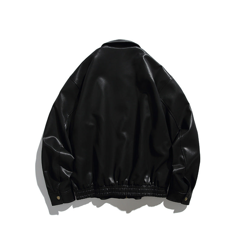 Herren Boxy-Lederimitat-Bomberjacke mit verdeckter Druckknopfleiste, elastischem Saum und aufgesetzten Eingrifftaschen Drune