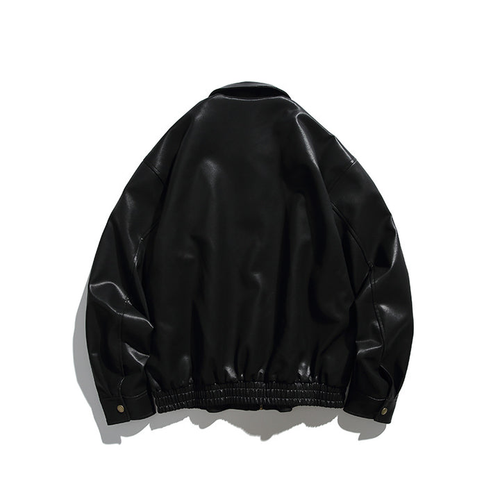 Herren Boxy-Lederimitat-Bomberjacke mit verdeckter Druckknopfleiste, elastischem Saum und aufgesetzten Eingrifftaschen Drune
