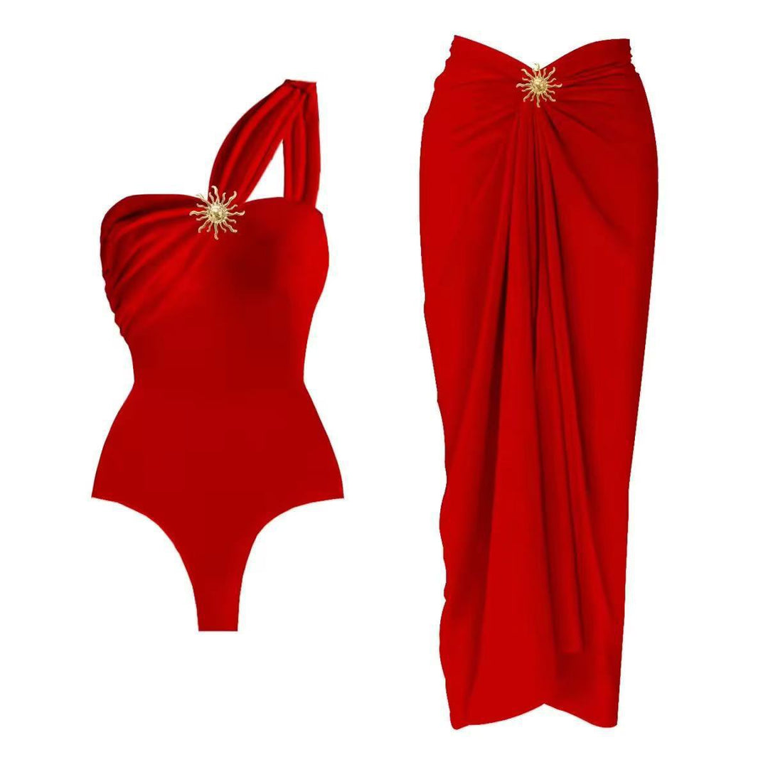 Damen einseitiger Badeanzug mit elegantem Drapierungsdesign und passendem Pareo Drune