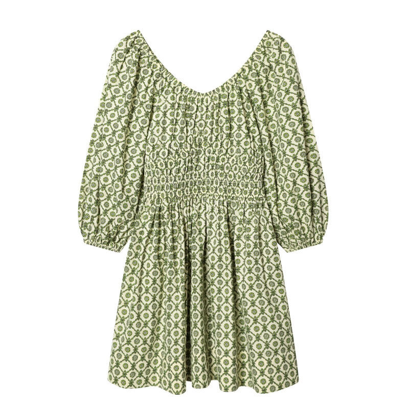 Damen Blumenkleid mit Smok-Taillierung und voluminösen Puffärmeln Drune