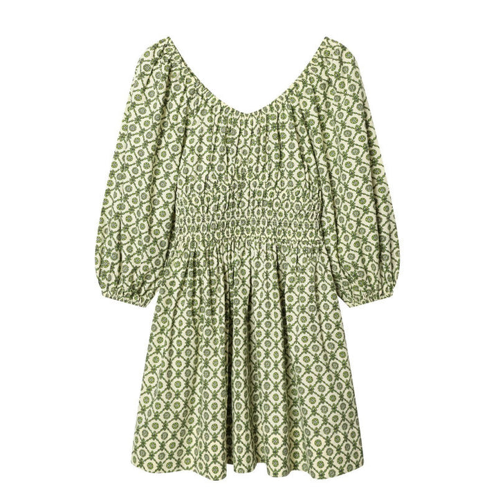 Damen Blumenkleid mit Smok-Taillierung und voluminösen Puffärmeln Drune