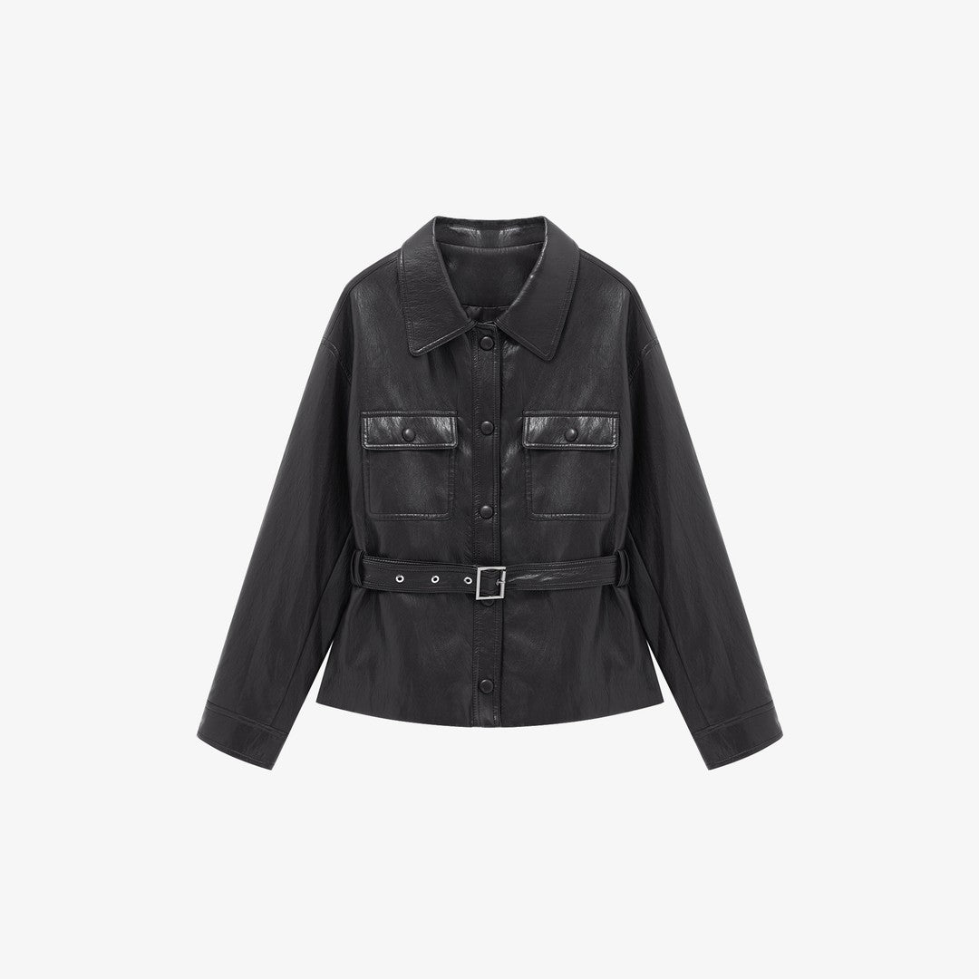Damen Lederjacke im Oversize-Utility-Stil mit Taillengürtel Drune